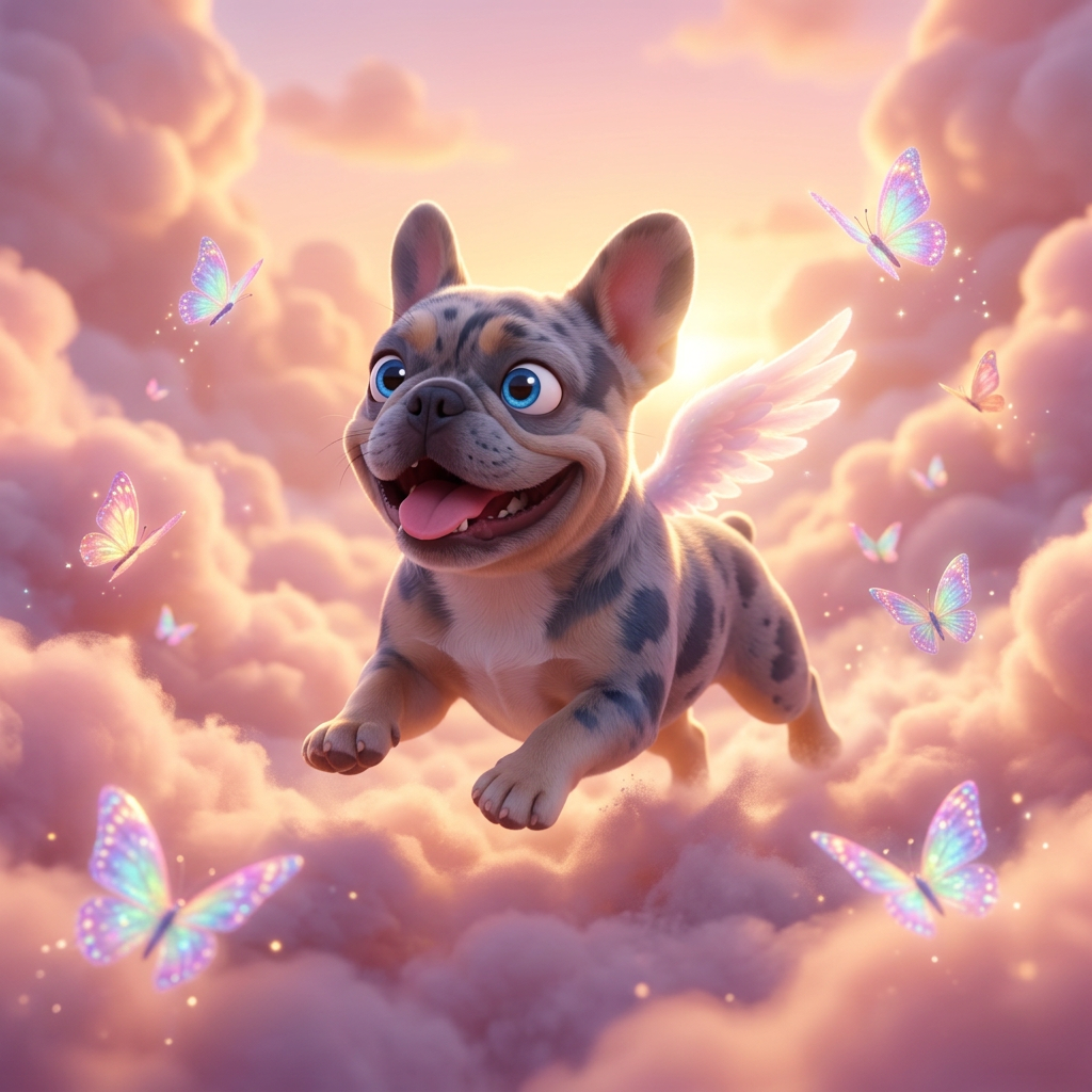 Cartoon Kody running through sunset clouds with butterflies